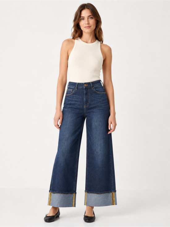 HALARA Denim - HALARA Dark Blue Wide-Leg Cuffed Jeans with Contrast Hem